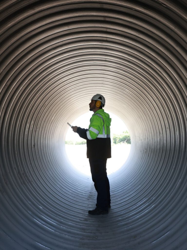 Civil engineer with green reflective safety jacket working in huge tube at construction site line